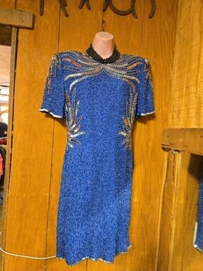 Laurence Kazar Cobalt Blue Beaded Midi Dress